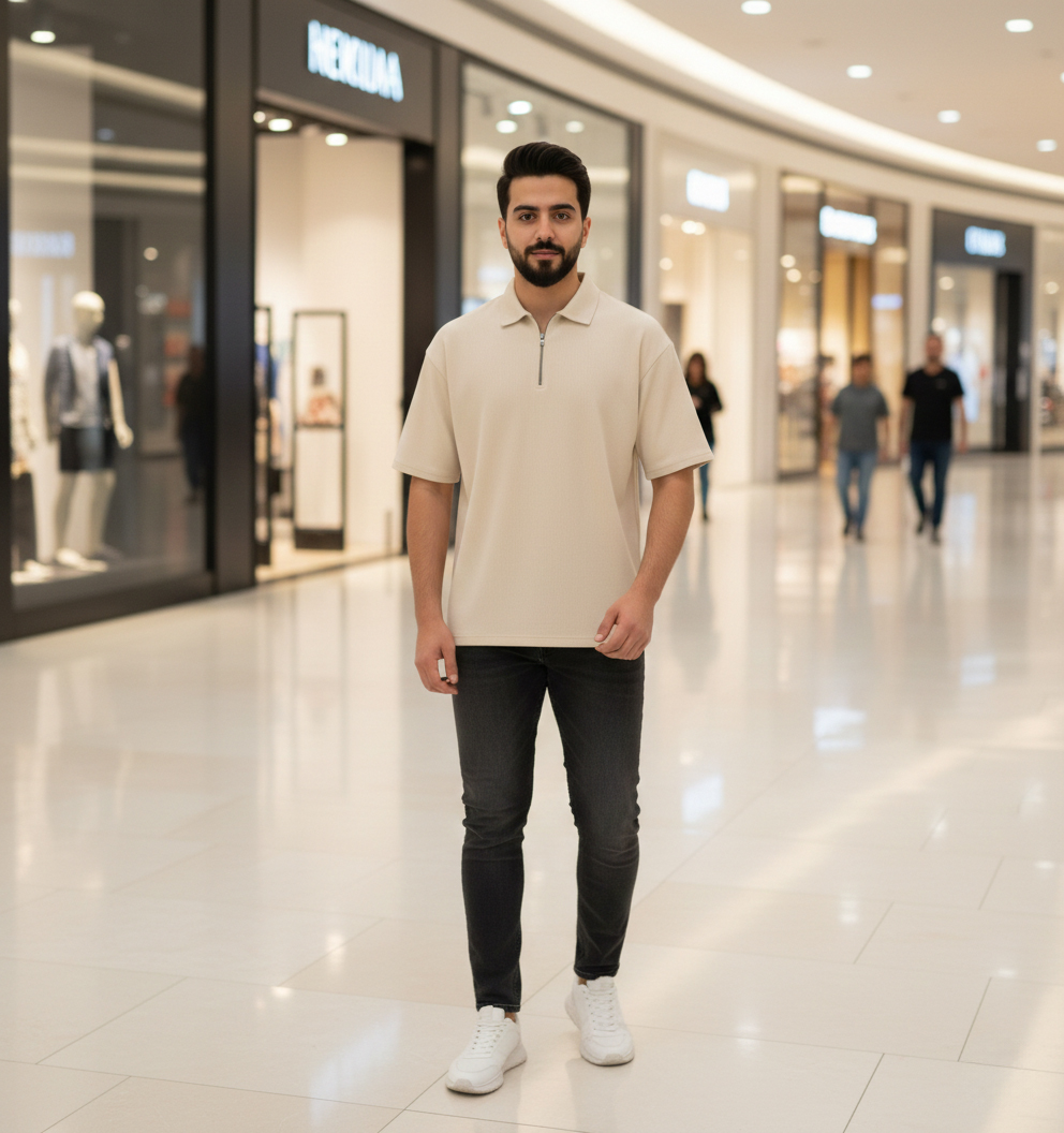 تیشرت مردانه یقه زیپ دار نسکافه ای مدل Arban