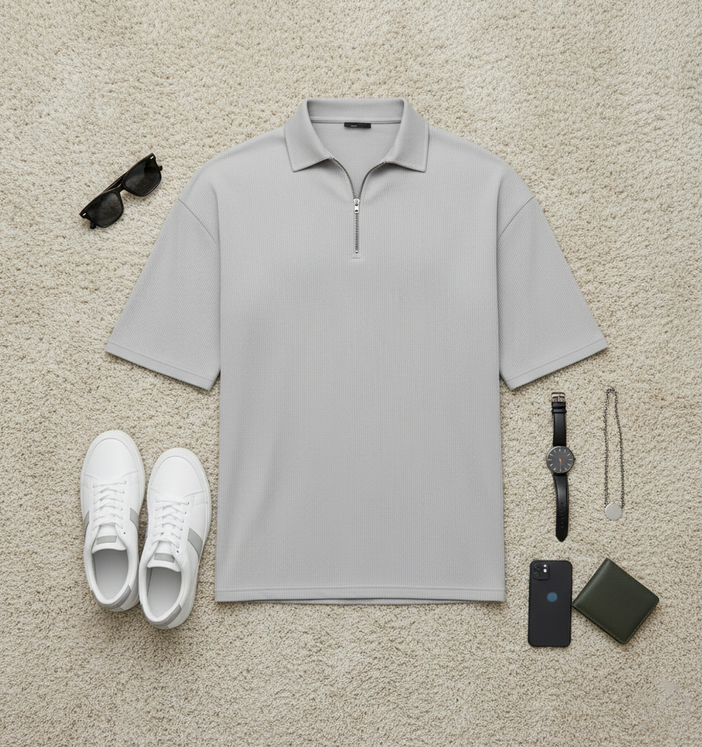 تیشرت مردانه یقه زیپ دار طوسی مدل Arban