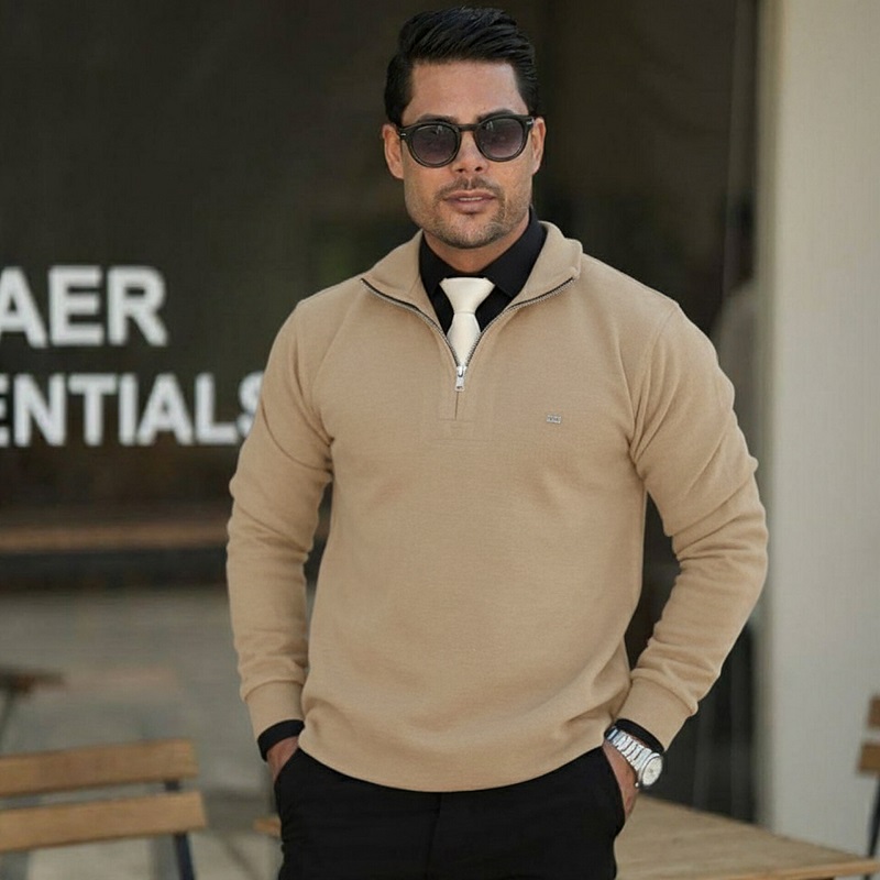 پکیج دورس مردانه نیم زیپ مدل Behbod-کرم  پیراهن مردانه مشکی VQویژه