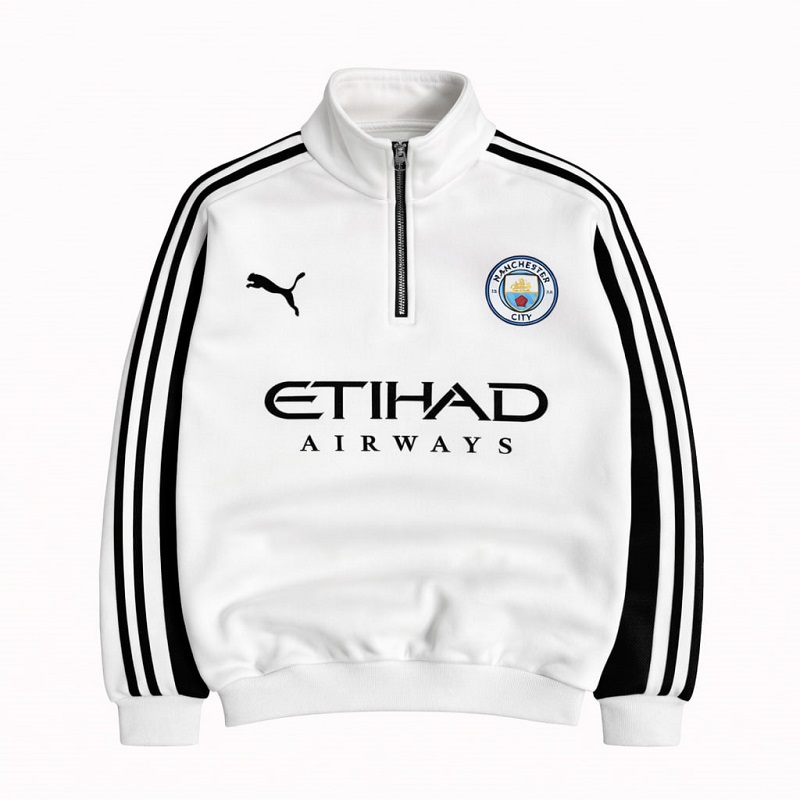 دورس نیم زیپ منچستر سیتی سفید تمام رخ با چاپ لوگو